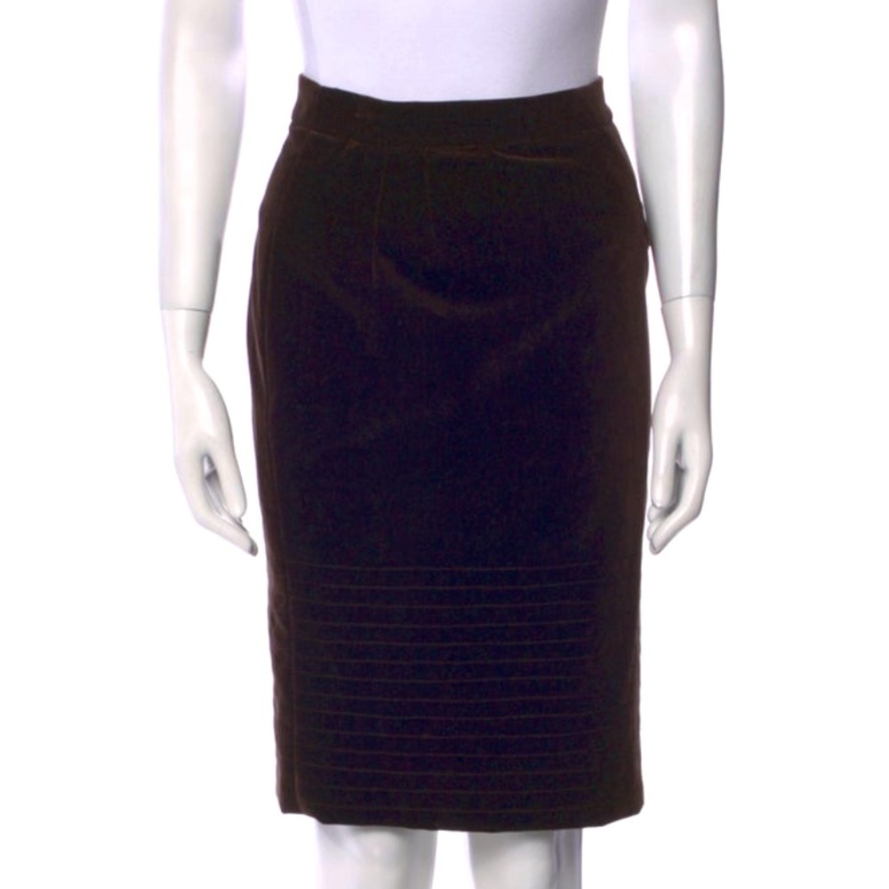 Vintage Valentino Brown Velvet Side Slit Skirt with Hem Stitching Detail